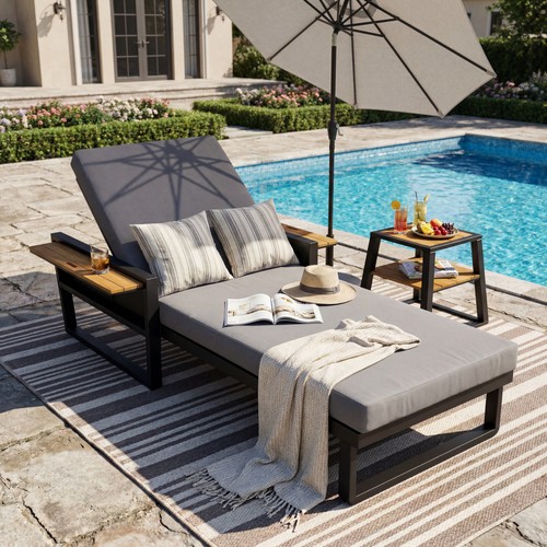 Black iron teak chaise - black,